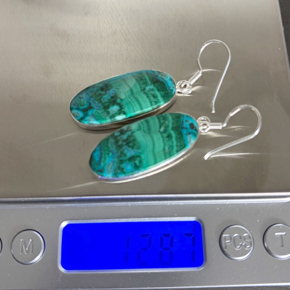 Top Quality Malachite Chrysocolla Pure Sterling Silver 925 Gemstone Earrings - Picture 9 of 9